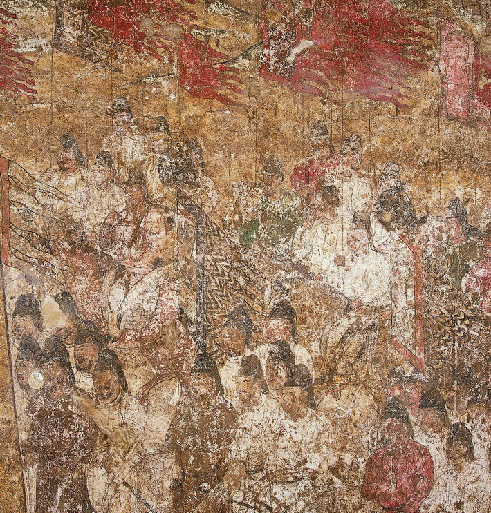 Ceremony of Honor at Side Tower, a mural found in the tomb of crown prince Yide. The piece embodies the exquisite painting skills of the Tang Dynasty (618-907). Excavated in 1971, it is now housed in the Shaanxi History Museum.